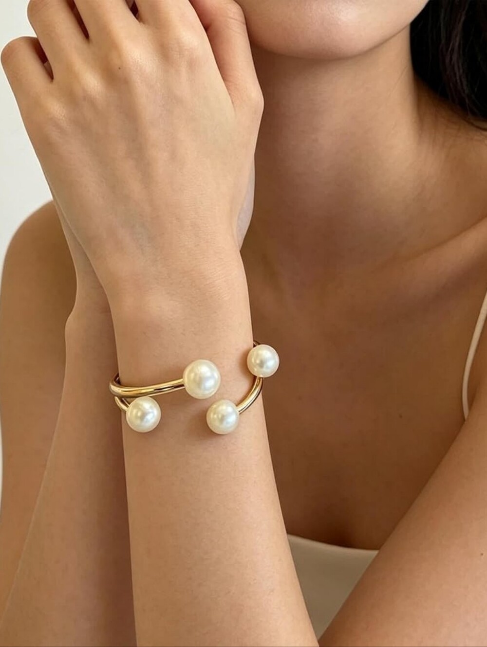 Gold Pearl Chunky Bangle Cuff Bracelet